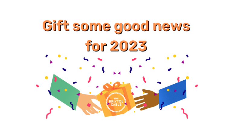An arm giving a gift to another arm, with a present box with the Cable logo on it. Text reads 'gift some good news for 2023'