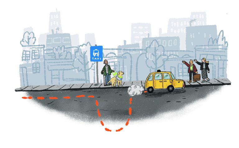 An illustration of a taxi, avoiding a partially sighted person with a guide dog