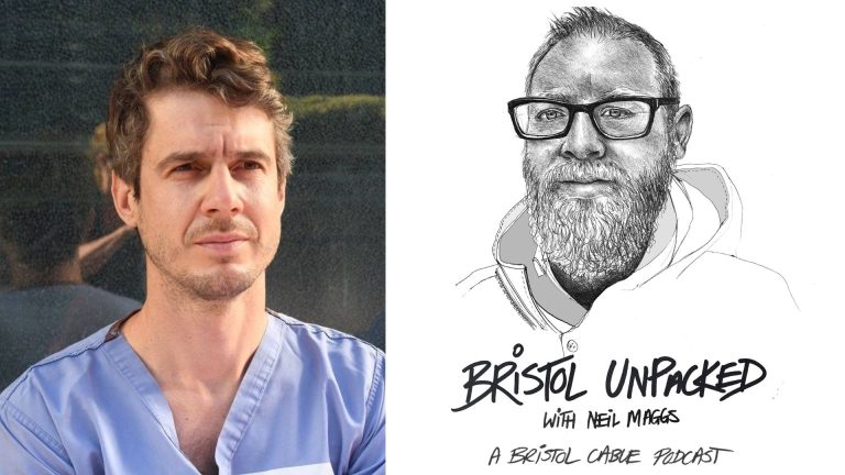 Image of Just Stop Oil activist Dr Patrick Hart and Bristol Unpacked presenter Neil Maggs