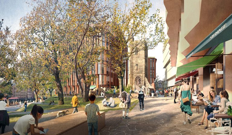 Image of a digital mockup of the St Mary le Port development plans in Castle Park, Bristol (credit: MEPC)
