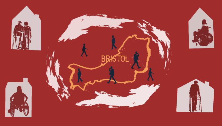 Illustration showing disabled people being excluded from Bristol's Clean Air Zone (CAZ) (image: Sophia Checkley)