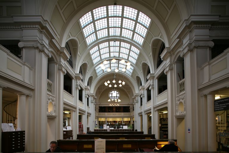 The glass ceiling and interior columns if Bristol Central Library