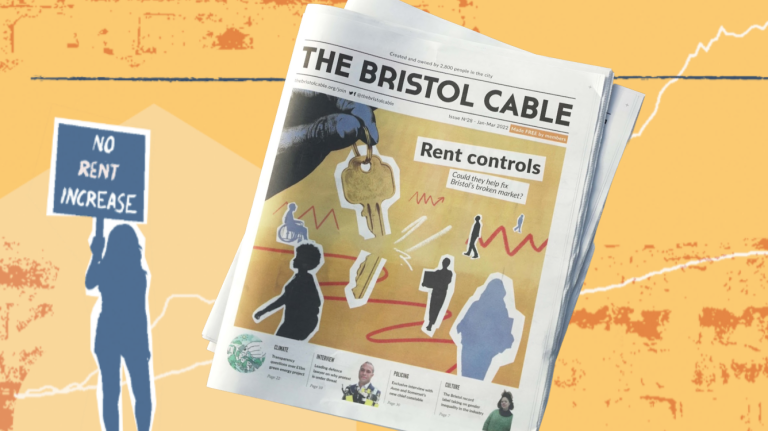 A copy of the Bristol Cable on a yellow background with a front cover about rent controls. A blue silhouette holds a placard that reads "no rent increase".