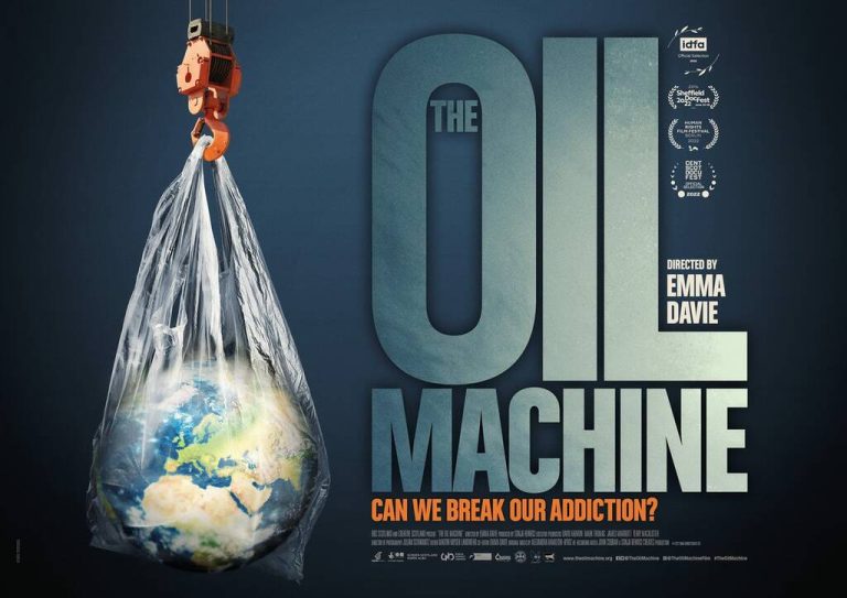 The film poster for documentary The Oil Machine, with the Earth in a plastic bag held up by a crane.