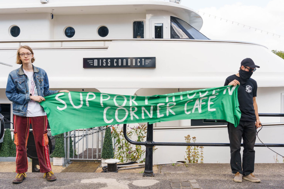 A protest outside Thomas Flight's yacht the 'Miss Conduct' last year.