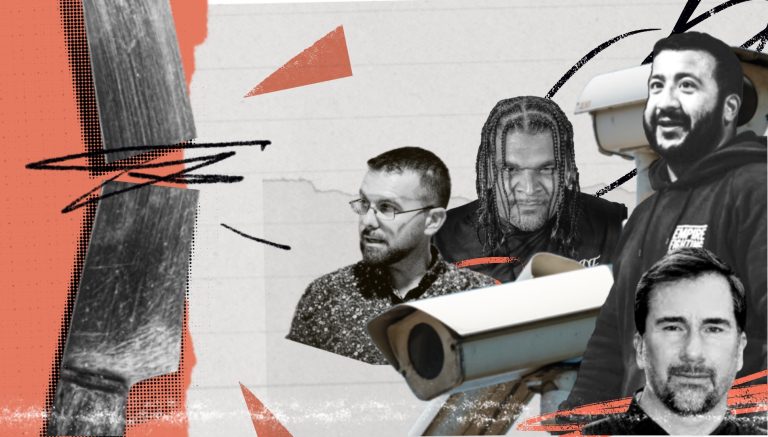 Illustration for knife crime debate article showing contributors, knives and CCTV cameras (credit: @laurence_ware_design)