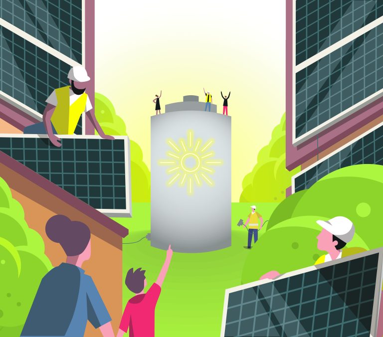 Illustration of solar panels feeding energy into community microgrids (credit: @laurence_ware_design)