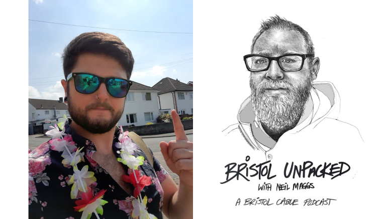 Illustration for Bristol Unpacked podcast, with Bristol Transformed co-founder Isaac Kneebone-Hopkins