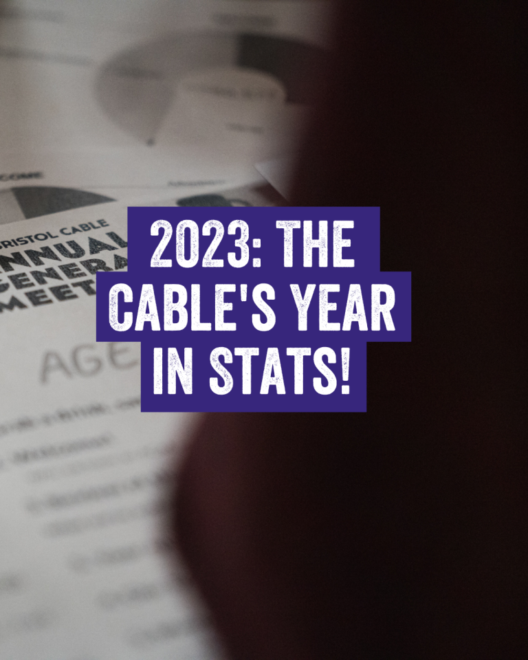 A Cable AGM agenda and feedback forms, partly in shadow, with a title: 2023 - The Cable's Year in Stats
