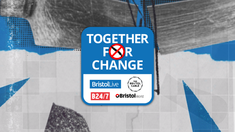 An illustration of a broken knife. The text reads 'Together For Change: Bristol Live, Bristol Cable, B24/7, Bristol World'