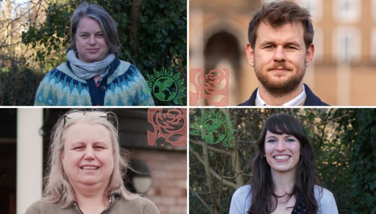 Head and shoulders shots of three female and one male candidate in Bristol's 2024 local elections