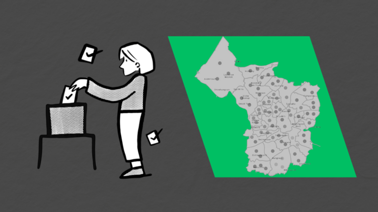 A cartoon of a voter putting a voting slip into a ballot box. Opposite is an electoral map of Bristol, where the Green Party won the most seats.