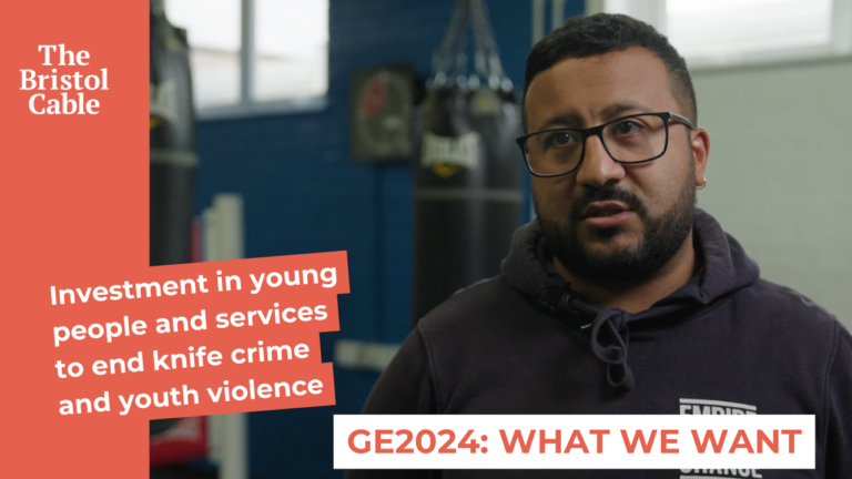 Individual speaking about the need for investment in youth services to end knife crime and youth violence, with text stating 'GE2024: What We Want', for The Bristol Cable.