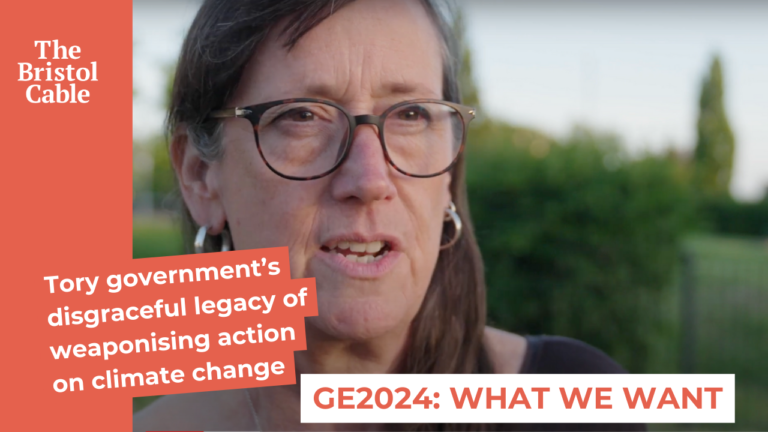 Person speaking in a video with the headline "Tory government's disgraceful legacy of weaponising action on climate change" and a lower banner reading "GE2024: WHAT WE WANT".