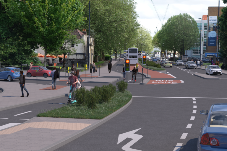 computer generated scene of the centre of Bristol with a new bike lane. Variuos people are using lots of forms of transport or walking.