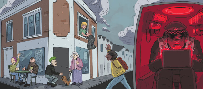 An Illustration with two sides, one side in the light of various different folks sitting and standing chatting outside the corner premise of BASE social centre, on the right side is a darken red lite van with a police officer wearing headphones arched over a laptop