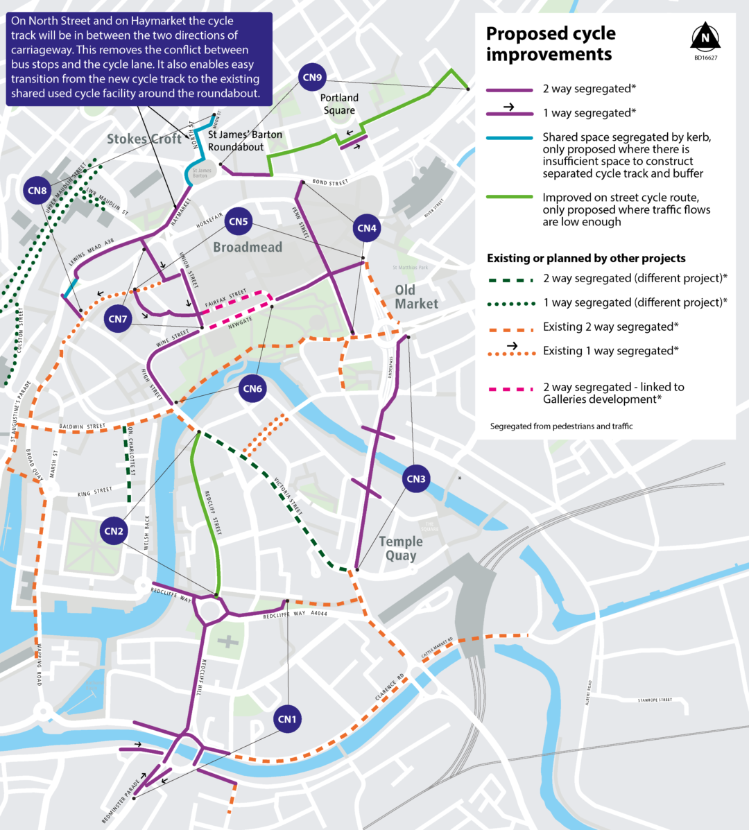 A map showing proposed changes to cycle lanes in and around the city centre.