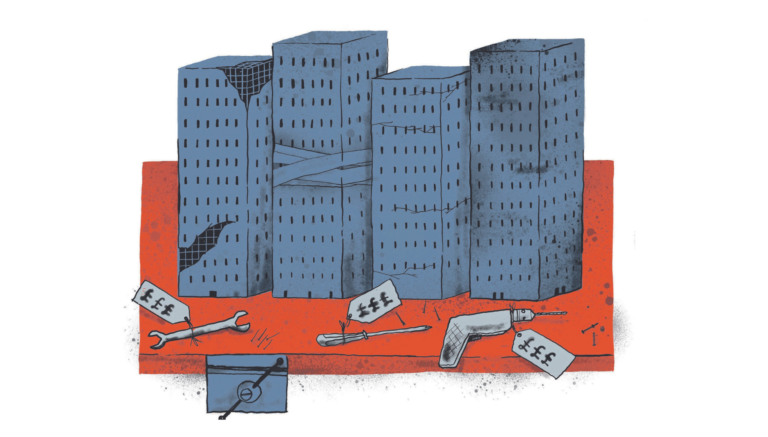 An illustration of tower blocks that look old and battered, with tools laid out in front of them