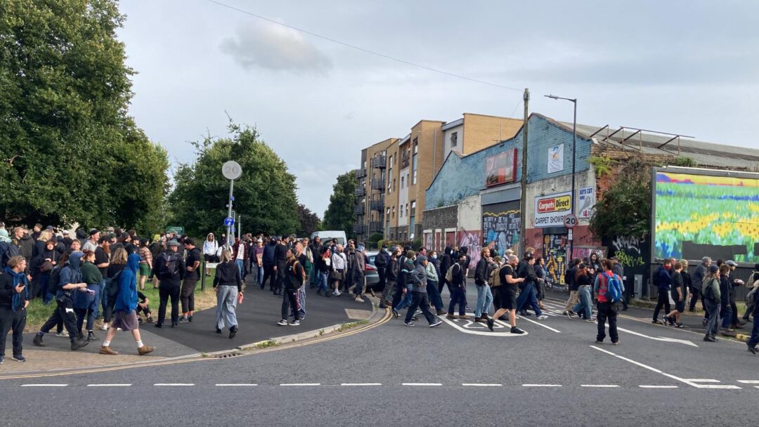 A group of counter protesters gather on the edge of Old Market