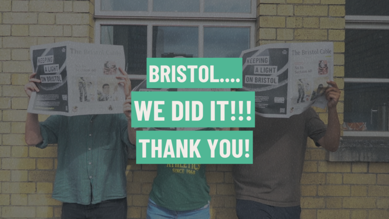 Three people holding up copies of the Cable to cover their faces, with the caption 'Bristol, we did it! Thank you!'