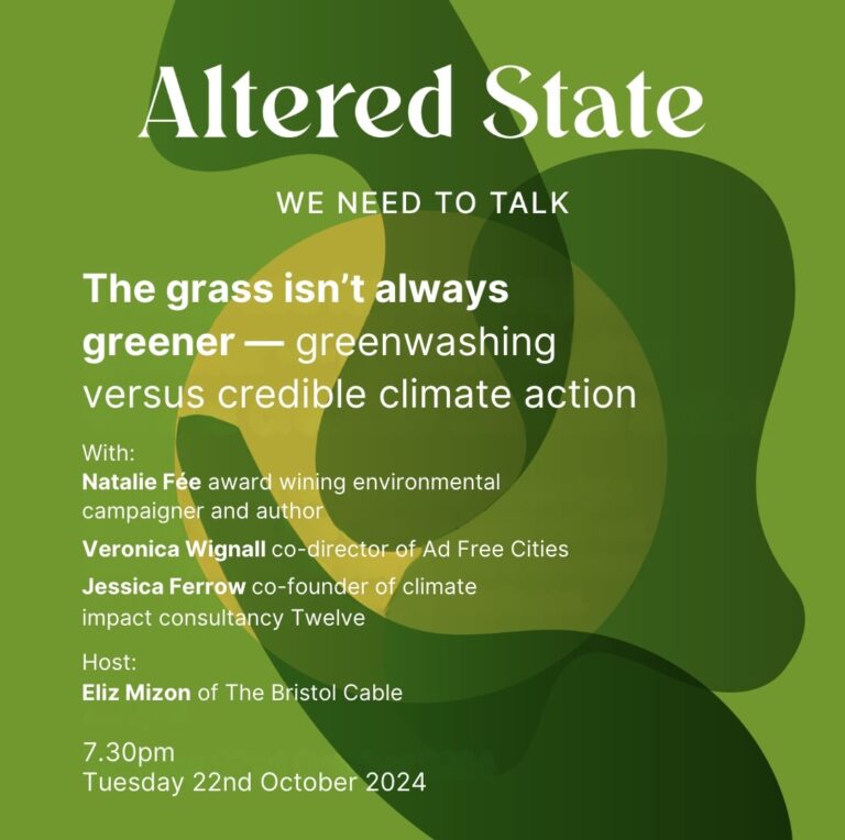 Altered State greenwashing poster - listing panel of Eliz Mizon, Jessica Ferrow, Natalie Fee and Veronica Wignall.