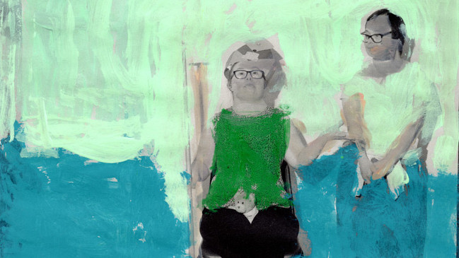 Abstract painting of two individuals against a green and blue backdrop, one wearing a bright green top and glasses, seated, and the other in a white shirt, standing slightly behind.