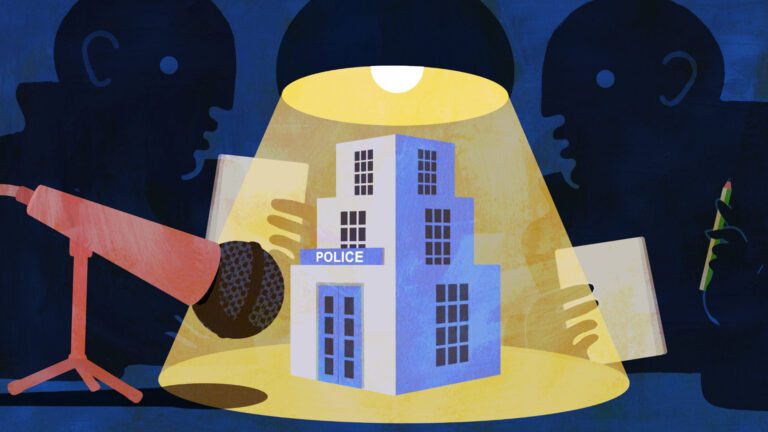 Illustration of police station under spotlight, surrounded by two silhouetted figures holding documents and a microphone.