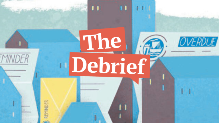 'The Debrief' podcast logo on an illustrated cityscape background