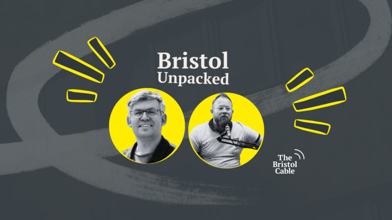 Promotional graphic for 'Bristol Unpacked' with two circular photos of people featuring on a podcast.