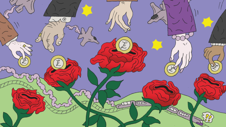 Illustration of multiple hands of diverse skin tones placing coins on roses, with some coins displaying the British pound symbol. The background is purple, and there are a few yellow stars scattered across.