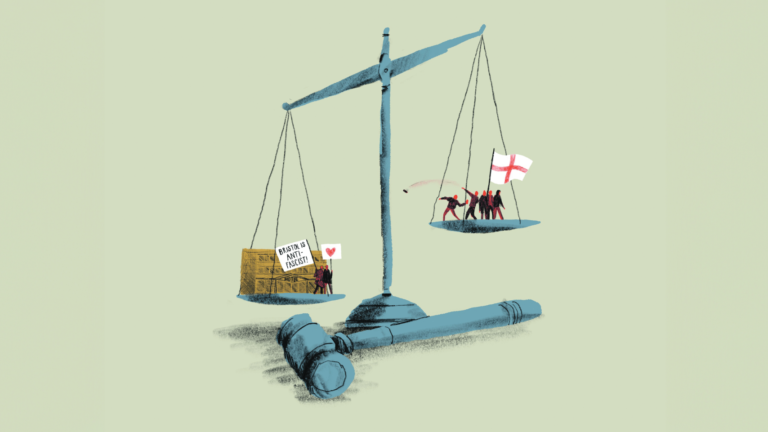 Illustration of a balance scale with one side holding a group of protesting figures and signs reading 'Bristol is anti-fascist', and the other side holding a smaller group with a flag marked by St. George's Cross. A gavel lies on the ground below the scale.