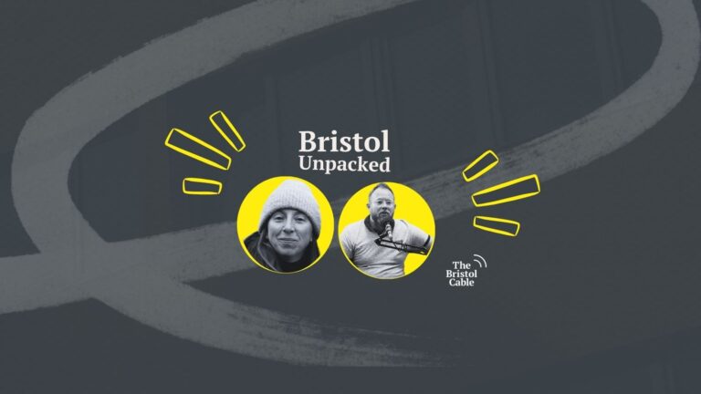 Graphic for Bristol Unpacked poodcast, featuring two individuals in separate yellow circles; one wearing a beanie and the other speaking into a microphone, with the logo of The Bristol Cable displayed on the right.