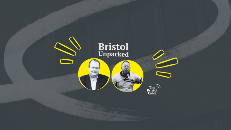 Bristol Unpacked podcast cover featuring two people in circular frames on a dark background with yellow accents and 'The Bristol Cable' logo.