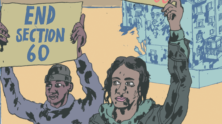 Illustration of two individuals at a protest, one holding a sign that reads "END SECTION 60".