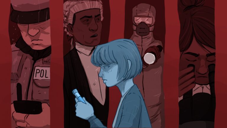 Illustration in a red and blue colour scheme showing a central figure looking down, holding a medical test kit, against a backdrop individuals including a police officer, a judge, a person in a hazmat suit and a women looking into a microscope.