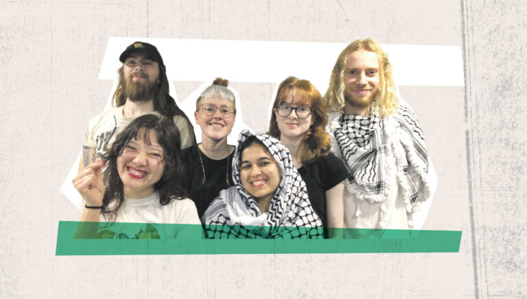 Six people are smiling at the camera, wearing casual clothing with two wearing patterned scarves. The background is abstract with white and muted colours.