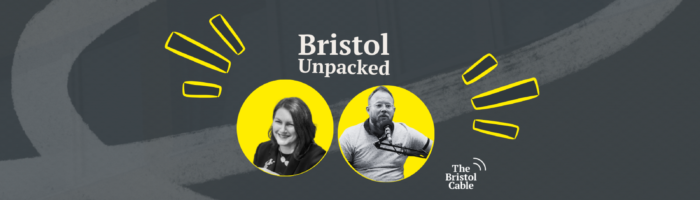 This image features the logo and title for Bristol Unpacked, a podcast presented by The Bristol Cable. It includes stylized illustrations of host Neil Maggs and this week's guest, family courts barrister Lucy Reed in yellow circles against a grey abstract background.
