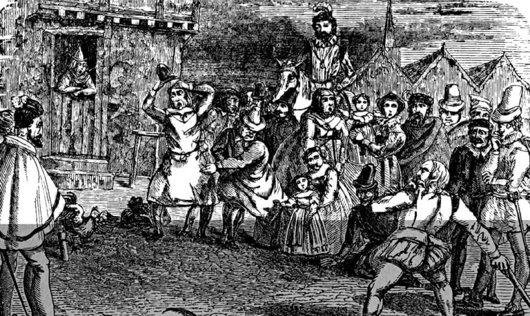 An 19th-century illlustration showing a group of people, imagined to be in Elizabethan England, throwing objectss at a cockerel.