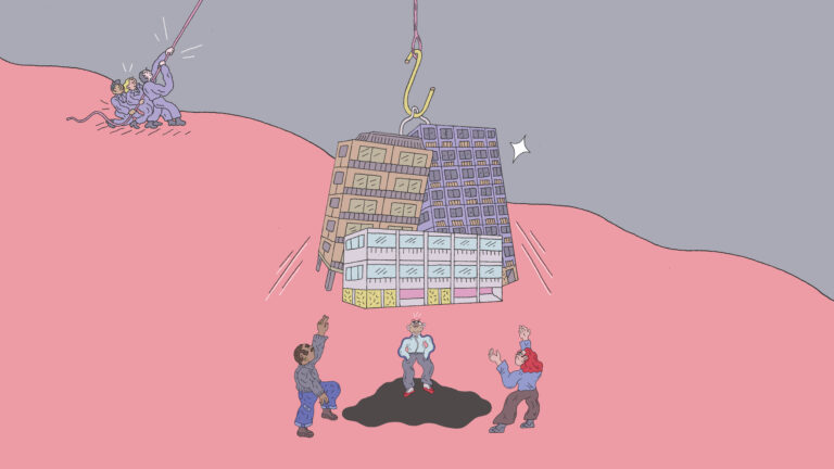 Illustration of a three tower blocks held by rope falling on three people's heads, on a pink background