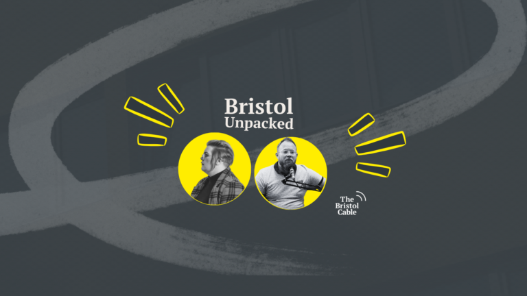 This image features the logo and title for Bristol Unpacked, a podcast presented by The Bristol Cable. It includes stylized illustrations of host Neil Maggs and this week's guest, comedian Jayde Adams in yellow circles against a grey abstract background.