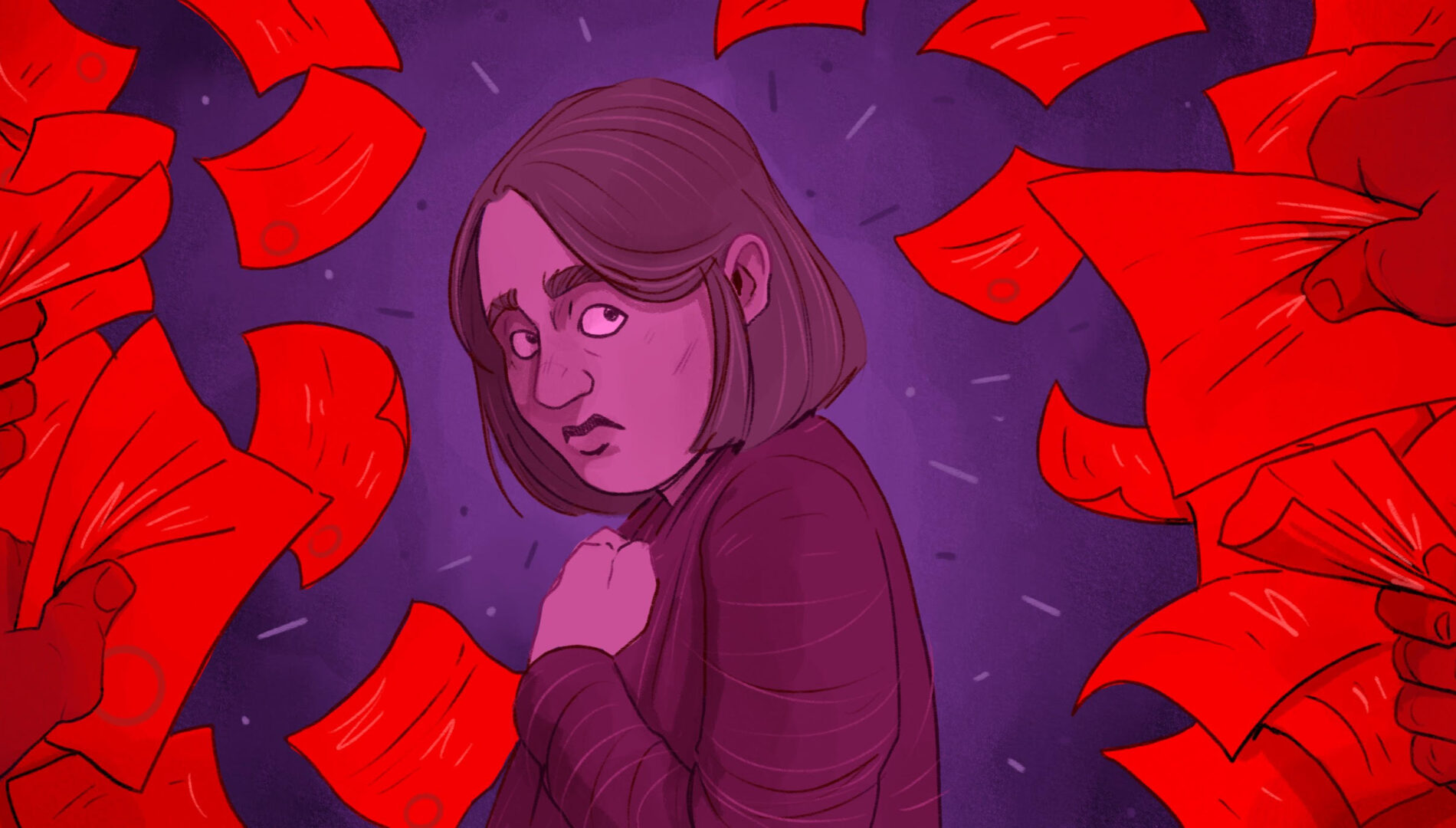 Illustration of a woman looking worried, surrounded by dozens of sheets of red paper.