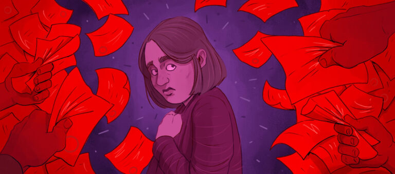 Illustration of a woman looking worried, surrounded by dozens of sheets of red paper.