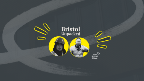 This image features the logo and title for Bristol Unpacked, a podcast presented by The Bristol Cable. It includes stylized illustrations of host Neil Maggs and this week's guest, BBC journalist Pete Simson in yellow circles against a grey abstract background.