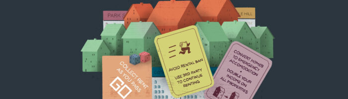 Illustration of rows of orange and green houses plus cards from the game Monopoly.