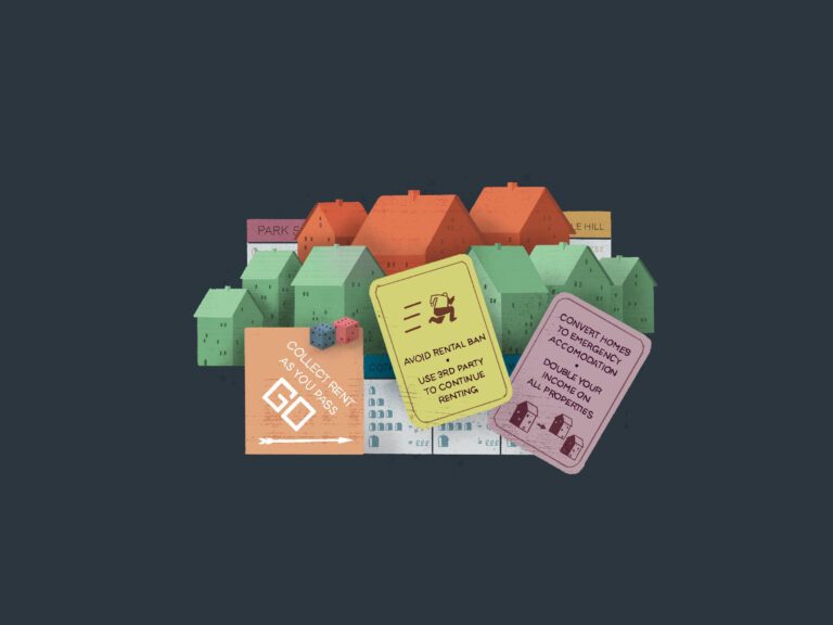 Illustration of rows of orange and green houses plus cards from the game Monopoly.