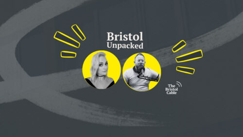 This image features the logo and title for Bristol Unpacked, a podcast presented by The Bristol Cable. It includes stylized illustrations of host Neil Maggs and this week's guest, Green Party co-leader Carla Denyer in yellow circles against a grey abstract background.