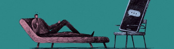 Illustration of a person lying on a sofa talking to a mobile phone in a chair.