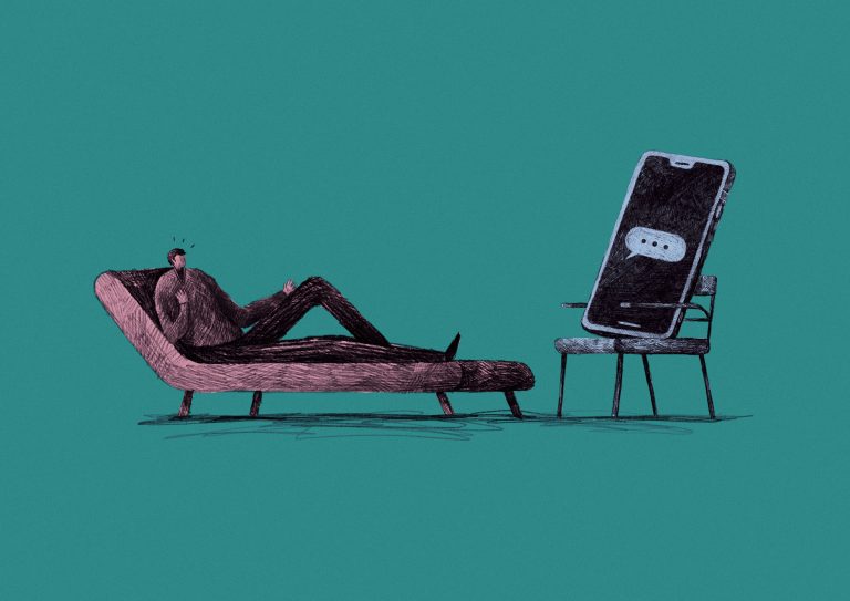 Illustration of a person lying on a sofa talking to a mobile phone in a chair.
