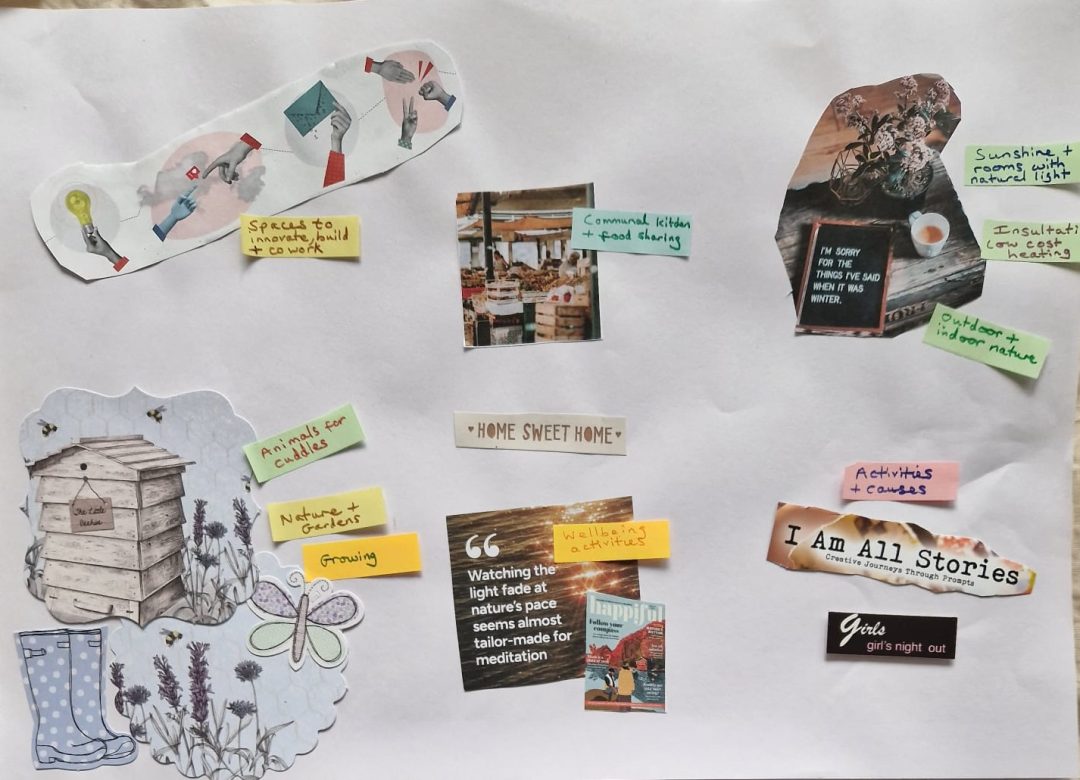 A collage vision board made from images and written words, on white paper. 