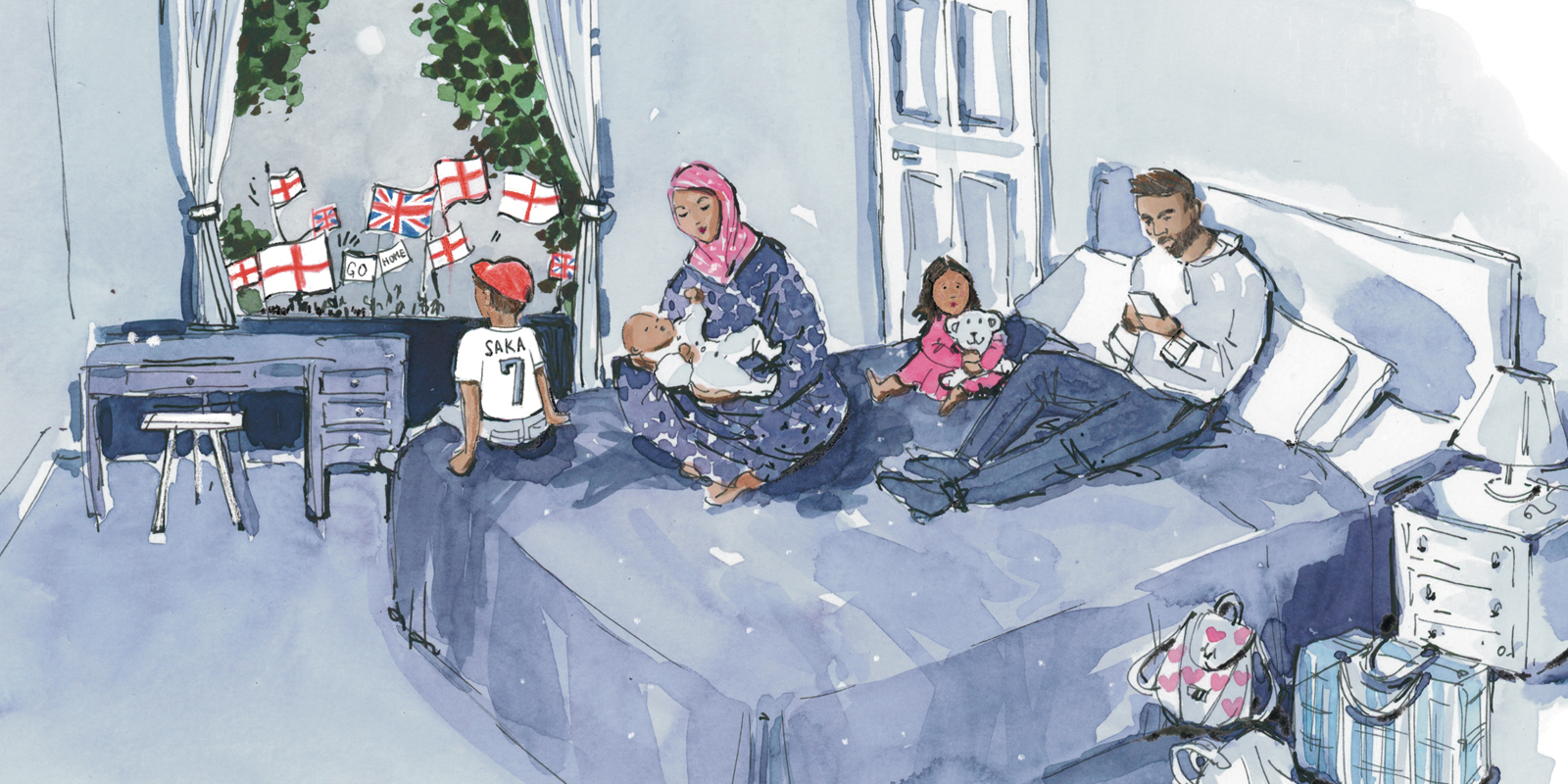 Illustration of a family sitting on a bed in a hotel room, with protesters outside the window.